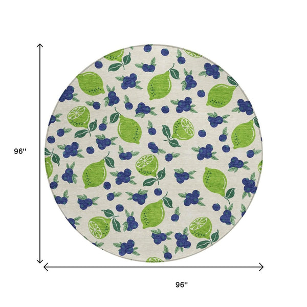 HomeRoots 8' Washable Indoor Outdoor Round Area Rug with Bright Green & Blue Lemons – Durable & Stylish Design 661149