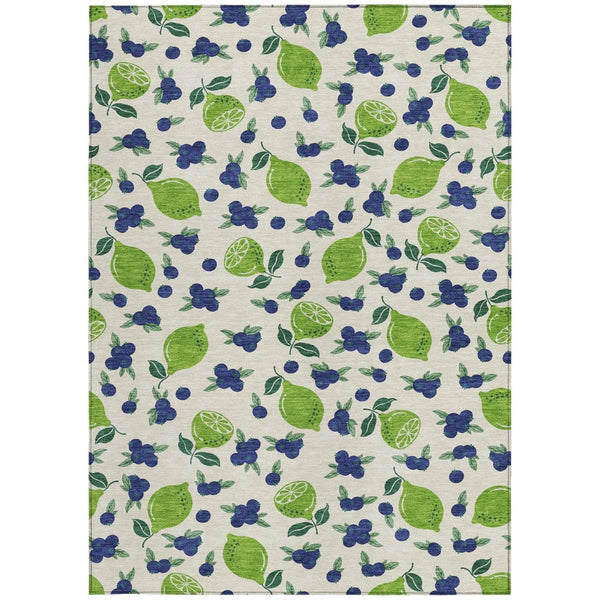 HomeRoots 9' Indoor Outdoor Washable Area Rug - Linen Green & Blue Lemons Design for High-Traffic Spaces 661151