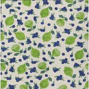 HomeRoots 10' X 14' Lemon-Themed Linen Green & Blue Washable Area Rug for Indoor & Outdoor Spaces, Durable! 661152
