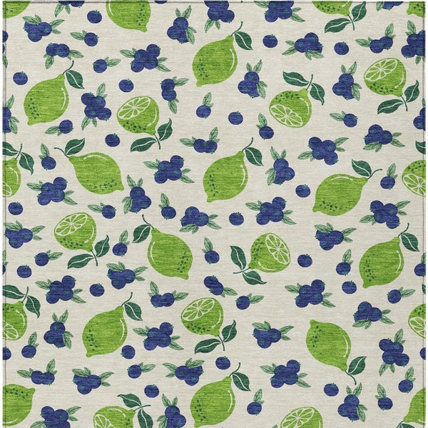 HomeRoots 10' X 14' Lemon-Themed Linen Green & Blue Washable Area Rug for Indoor & Outdoor Spaces, Durable! 661152