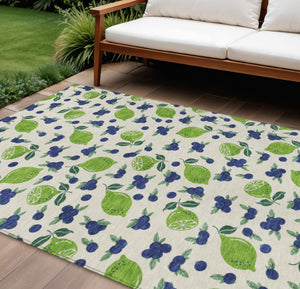 HomeRoots 10' X 14' Lemon-Themed Linen Green & Blue Washable Area Rug for Indoor & Outdoor Spaces, Durable! 661152