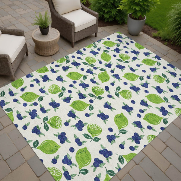HomeRoots 10' X 14' Lemon-Themed Linen Green & Blue Washable Area Rug for Indoor & Outdoor Spaces, Durable! 661152