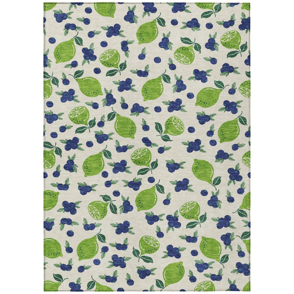 HomeRoots 10' X 14' Lemon-Themed Linen Green & Blue Washable Area Rug for Indoor & Outdoor Spaces, Durable! 661152