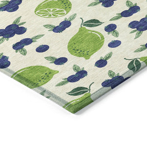 HomeRoots 10' X 14' Lemon-Themed Linen Green & Blue Washable Area Rug for Indoor & Outdoor Spaces, Durable! 661152