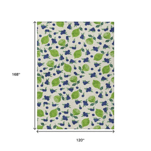 HomeRoots 10' X 14' Lemon-Themed Linen Green & Blue Washable Area Rug for Indoor & Outdoor Spaces, Durable! 661152