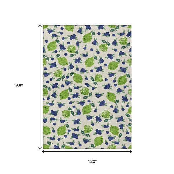 HomeRoots 10' X 14' Lemon-Themed Linen Green & Blue Washable Area Rug for Indoor & Outdoor Spaces, Durable! 661152