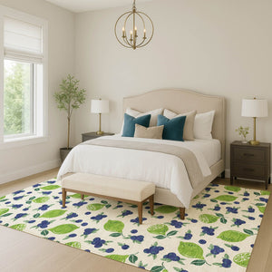 HomeRoots 10' X 14' Lemon-Themed Linen Green & Blue Washable Area Rug for Indoor & Outdoor Spaces, Durable! 661152