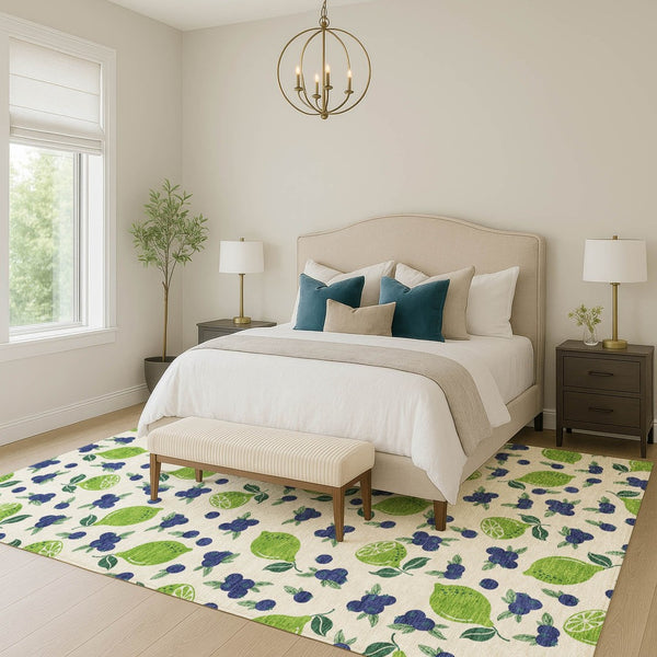 HomeRoots 10' X 14' Lemon-Themed Linen Green & Blue Washable Area Rug for Indoor & Outdoor Spaces, Durable! 661152