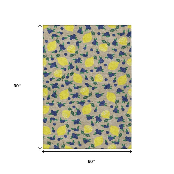 HomeRoots 5' X 8' Vibrant Lemon Pattern Washable Area Rug – Perfect for Indoor & Outdoor Spaces, Stain Resistant! 661154