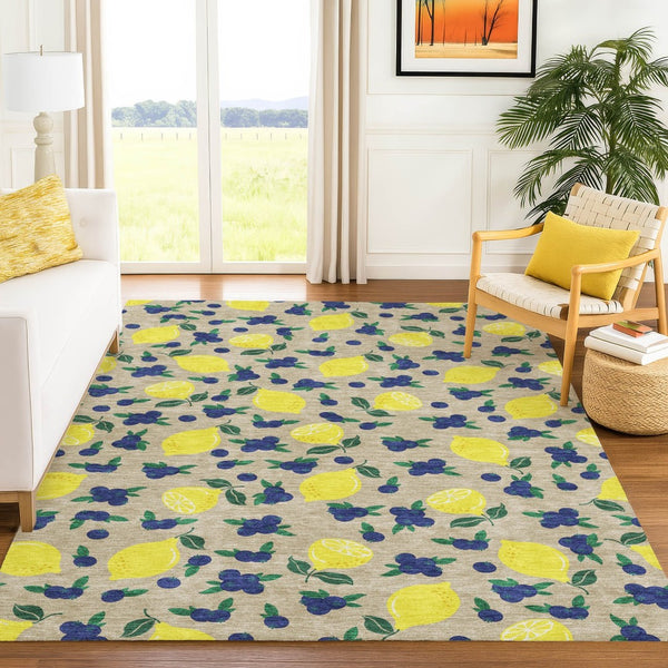 HomeRoots 5' X 8' Vibrant Lemon Pattern Washable Area Rug – Perfect for Indoor & Outdoor Spaces, Stain Resistant! 661154
