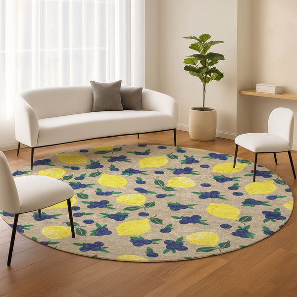 HomeRoots 8' Vibrant Round Lemons Area Rug - Durable, Washable, Stain-Resistant for Indoor & Outdoor Spaces 661155