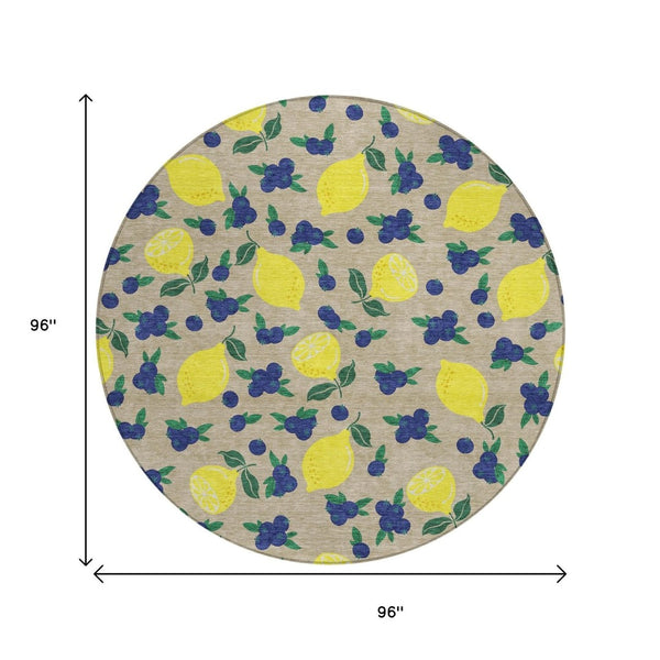 HomeRoots 8' Vibrant Round Lemons Area Rug - Durable, Washable, Stain-Resistant for Indoor & Outdoor Spaces 661155