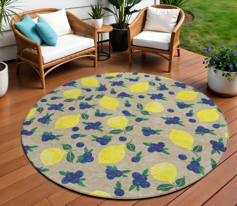 HomeRoots 8' Vibrant Round Lemons Area Rug - Durable, Washable, Stain-Resistant for Indoor & Outdoor Spaces 661155