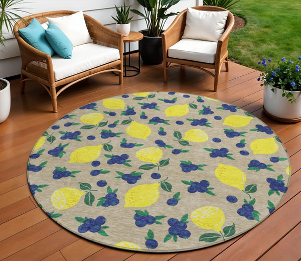 HomeRoots 8' Vibrant Round Lemons Area Rug - Durable, Washable, Stain-Resistant for Indoor & Outdoor Spaces 661155