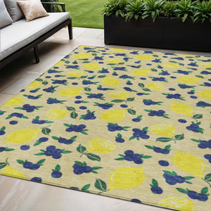 HomeRoots 5' Wheat Yellow & Blue Lemons Area Rug - Durable, Washable Design for Indoor & Outdoor Spaces! 661160