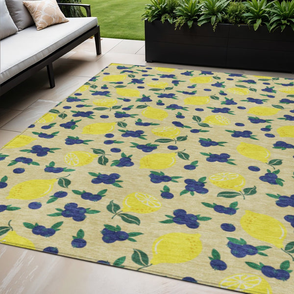 HomeRoots 5' Wheat Yellow & Blue Lemons Area Rug - Durable, Washable Design for Indoor & Outdoor Spaces! 661160