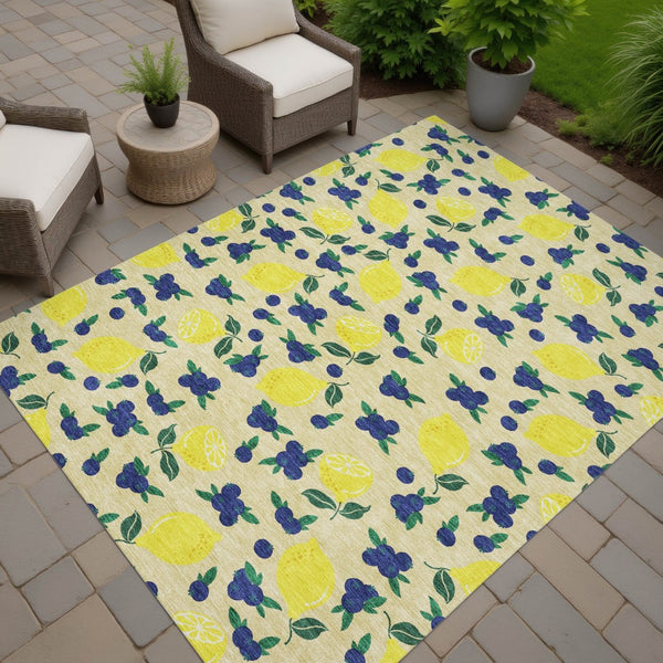 HomeRoots 5' Wheat Yellow & Blue Lemons Area Rug - Durable, Washable Design for Indoor & Outdoor Spaces! 661160