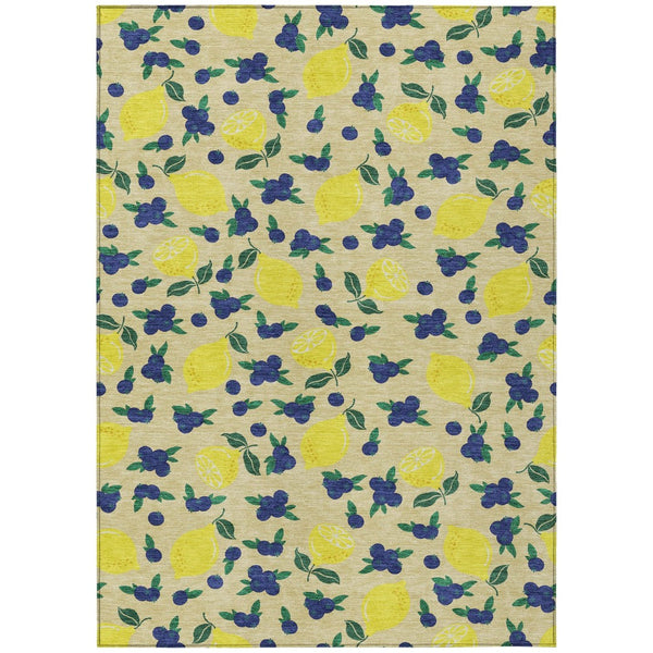 HomeRoots 5' Wheat Yellow & Blue Lemons Area Rug - Durable, Washable Design for Indoor & Outdoor Spaces! 661160
