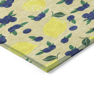 HomeRoots 5' Wheat Yellow & Blue Lemons Area Rug - Durable, Washable Design for Indoor & Outdoor Spaces! 661160