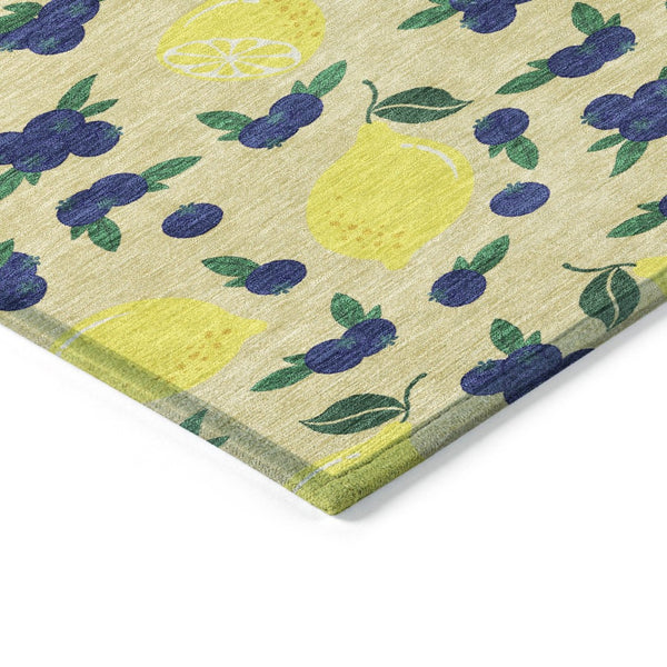 HomeRoots 5' Wheat Yellow & Blue Lemons Area Rug - Durable, Washable Design for Indoor & Outdoor Spaces! 661160