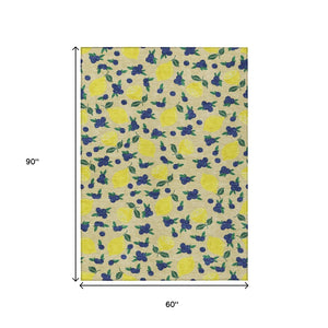 HomeRoots 5' Wheat Yellow & Blue Lemons Area Rug - Durable, Washable Design for Indoor & Outdoor Spaces! 661160