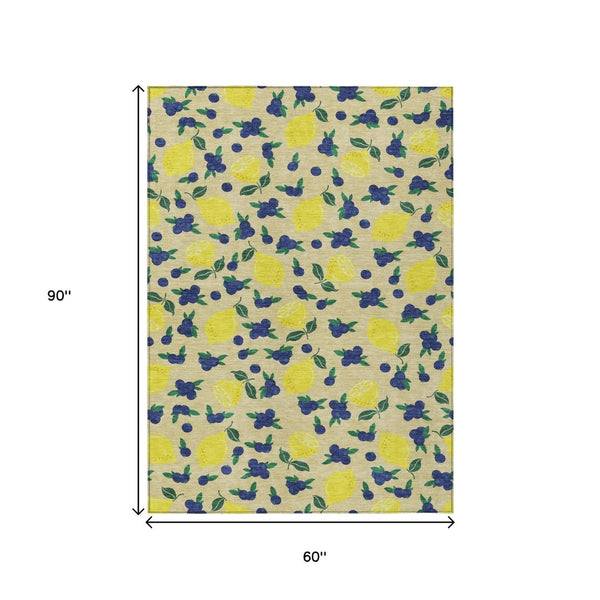 HomeRoots 5' Wheat Yellow & Blue Lemons Area Rug - Durable, Washable Design for Indoor & Outdoor Spaces! 661160