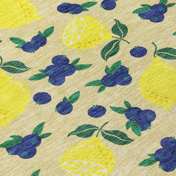 HomeRoots 5' Wheat Yellow & Blue Lemons Area Rug - Durable, Washable Design for Indoor & Outdoor Spaces! 661160