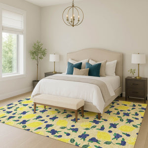 HomeRoots 5' Wheat Yellow & Blue Lemons Area Rug - Durable, Washable Design for Indoor & Outdoor Spaces! 661160