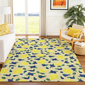 HomeRoots 5' Wheat Yellow & Blue Lemons Area Rug - Durable, Washable Design for Indoor & Outdoor Spaces! 661160