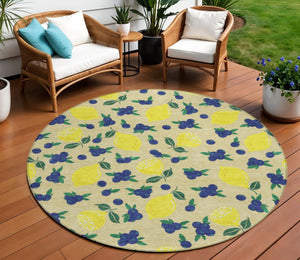 HomeRoots 8' Wheat Yellow & Blue Round Lemons Rug - Stylish, Washable Indoor/Outdoor Area Accent for Any Space 661161