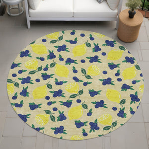 HomeRoots 8' Wheat Yellow & Blue Round Lemons Rug - Stylish, Washable Indoor/Outdoor Area Accent for Any Space 661161