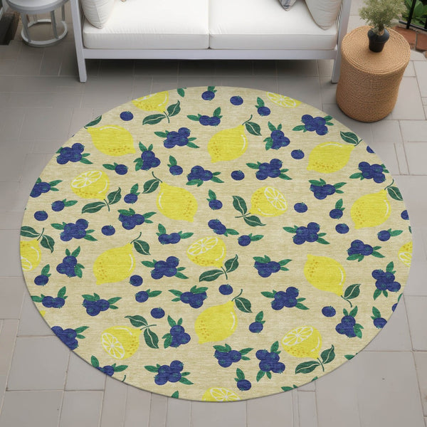 HomeRoots 8' Wheat Yellow & Blue Round Lemons Rug - Stylish, Washable Indoor/Outdoor Area Accent for Any Space 661161