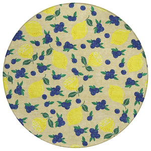 HomeRoots 8' Wheat Yellow & Blue Round Lemons Rug - Stylish, Washable Indoor/Outdoor Area Accent for Any Space 661161