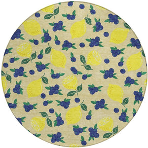 HomeRoots 8' Wheat Yellow & Blue Round Lemons Rug - Stylish, Washable Indoor/Outdoor Area Accent for Any Space 661161