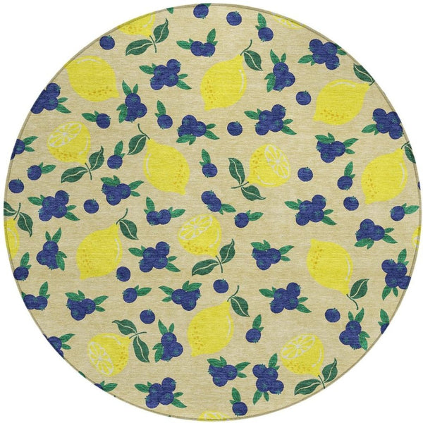 HomeRoots 8' Wheat Yellow & Blue Round Lemons Rug - Stylish, Washable Indoor/Outdoor Area Accent for Any Space 661161