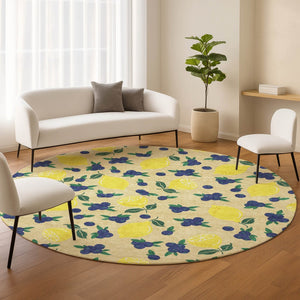 HomeRoots 8' Wheat Yellow & Blue Round Lemons Rug - Stylish, Washable Indoor/Outdoor Area Accent for Any Space 661161