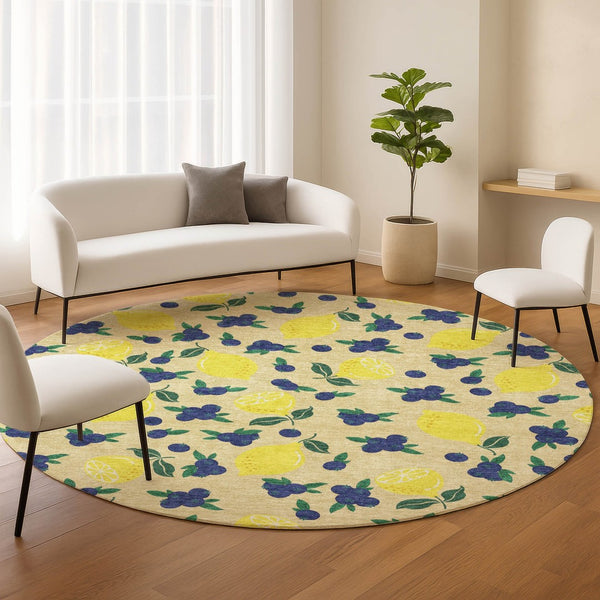 HomeRoots 8' Wheat Yellow & Blue Round Lemons Rug - Stylish, Washable Indoor/Outdoor Area Accent for Any Space 661161