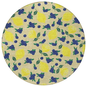 HomeRoots 8' Wheat Yellow & Blue Round Lemons Rug - Stylish, Washable Indoor/Outdoor Area Accent for Any Space 661161