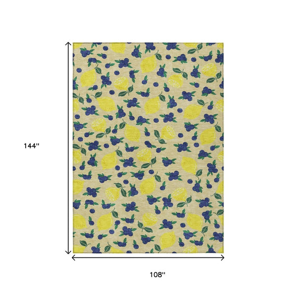 HomeRoots 9' X 12' Vibrant Lemon Patterned Washable Area Rug for Indoor & Outdoor Spaces - Easy Care & Durable 661163