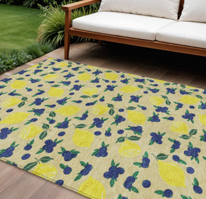 HomeRoots 10' Vibrant Wheat Yellow & Blue Lemons Washable Area Rug – Ideal for Indoor & Outdoor Spaces! 661164