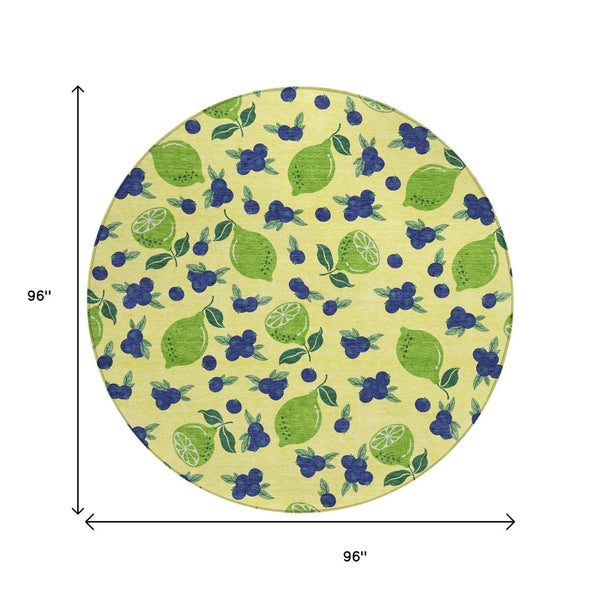 HomeRoots 8' Vibrant Round Lemon Area Rug - Washable, Durable, Outdoor & Indoor Use, Perfect for High-Traffic Spaces 661167
