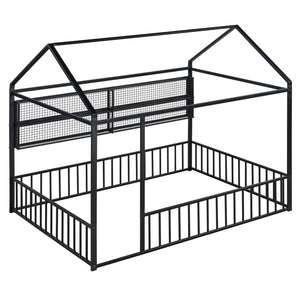 English Elm Full Metal House Bed Frame Full Size with Built-In Fence and 4 Grid Shelves for Durable Storage and Style Black N737P175361B