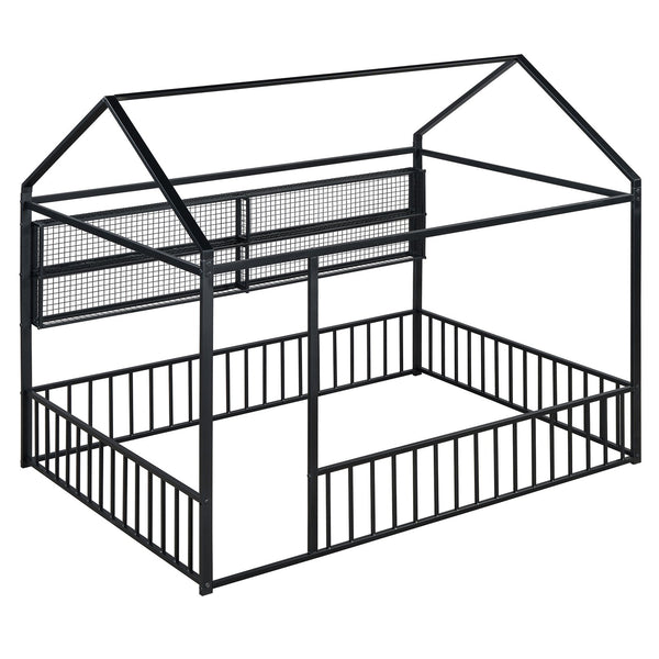 English Elm Full Metal House Bed Frame Full Size with Built-In Fence and 4 Grid Shelves for Durable Storage and Style Black N737P175361B
