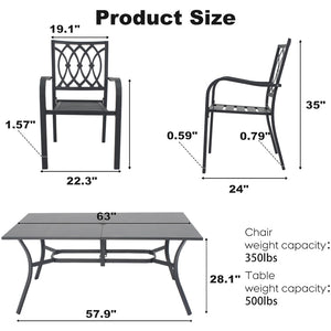 English Elm 7-piece Outdoor Steel Dining Set with Wood-grain Table Umbrella Hole and Slat Chairs W3979S00052
