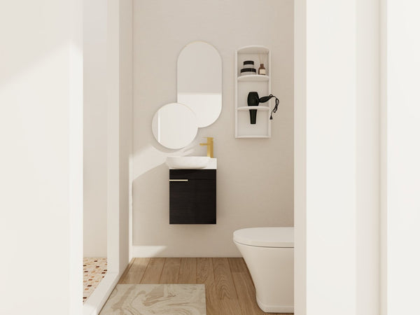 English Elm Soft Close Wall Mounted Bathroom Vanity with Ceramic Vessel Sink and Storage Rack W999S00489