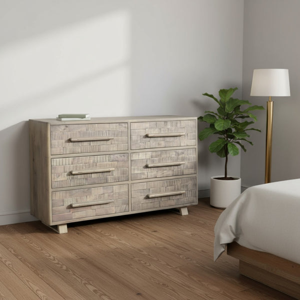HomeRoots 57" Gray Solid Wood Dresser - Rustic Six-Drawer Storage Solution with Textured Finish & Style 661220