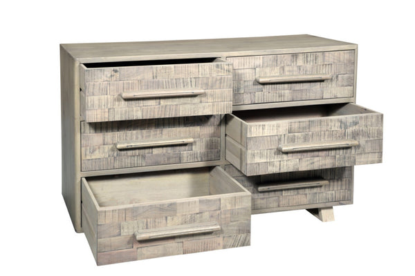HomeRoots 57" Gray Solid Wood Dresser - Rustic Six-Drawer Storage Solution with Textured Finish & Style 661220