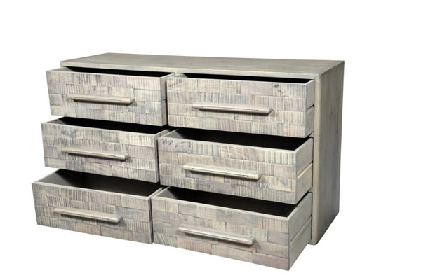 HomeRoots 57" Gray Solid Wood Dresser - Rustic Six-Drawer Storage Solution with Textured Finish & Style 661220
