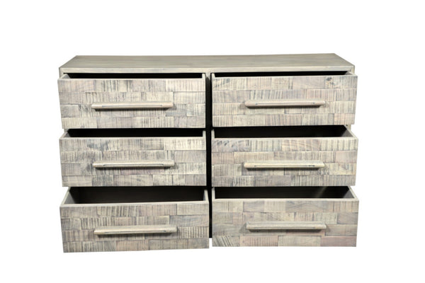 HomeRoots 57" Gray Solid Wood Dresser - Rustic Six-Drawer Storage Solution with Textured Finish & Style 661220