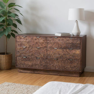 HomeRoots 57" Brown Carved Abstract Solid Wood Dresser - Artisan Crafted, 6 Drawers for Modern Boho Elegance 661221